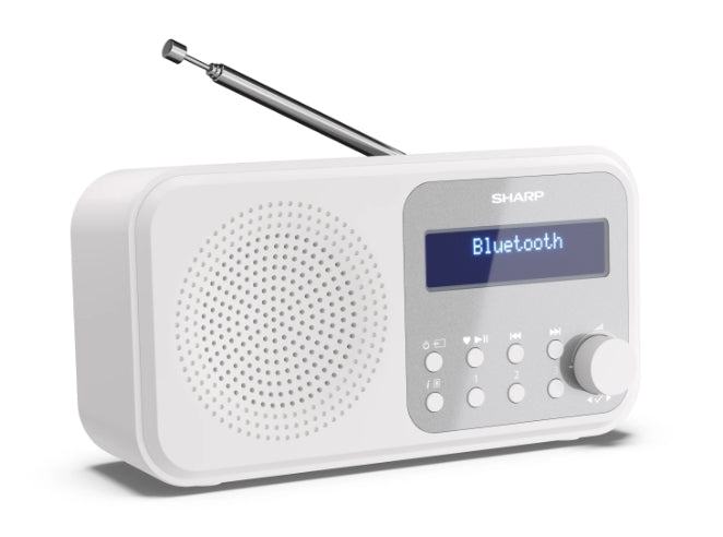 Sharp Radios DR-P420(WH), PORTABLE DIGITAL RADIO, Bluetooth 5.0, 20 DAB+/DAB/FM, Auto time/date, LCD Display, Dual alarm,Micro USB x1 (power supply),3.5mm Headphone jack / line-out, SNOWY WHITE