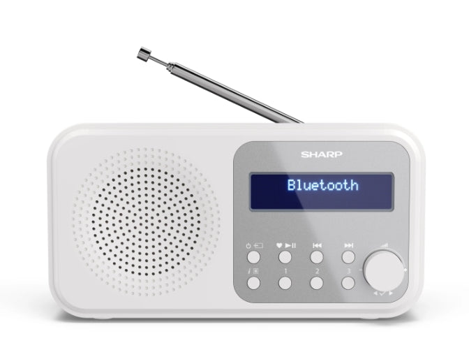 Sharp Radios DR-P420(WH), PORTABLE DIGITAL RADIO, Bluetooth 5.0, 20 DAB+/DAB/FM, Auto time/date, LCD Display, Dual alarm,Micro USB x1 (power supply),3.5mm Headphone jack / line-out, SNOWY WHITE