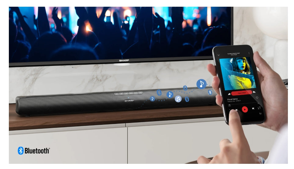 Sharp Soundbar HT-SB100, 75W 2.0 HDMI & BLUETOOTH, HDMI ARC/CEC, USB playback, 3.5mm Aux-in, Digital Optical Audio Input, Glossy black