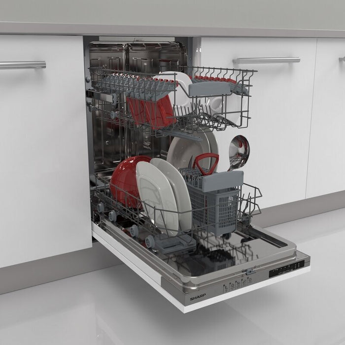 Built-in dishwasher Sharp QW-NS14I49EX, 10 sets, E, 45 W, mm