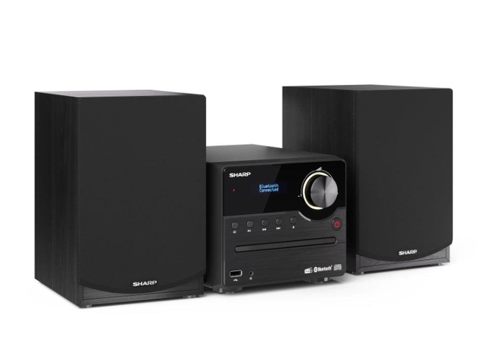 Sharp Audio Systems XL-B517D(BK), HI-FI MICRO SYSTEM, 45W total max power output, DAB+ and FM tuner with RDS, Bluetooth v5.0, CD player, USB playback, 3.5mm Aux-in / line-in, Headphone jack, wooden speaker, Black