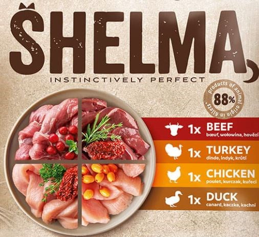SHELMA Rich in chicken, turkey, beef and duck - wet cat food - 4x85g