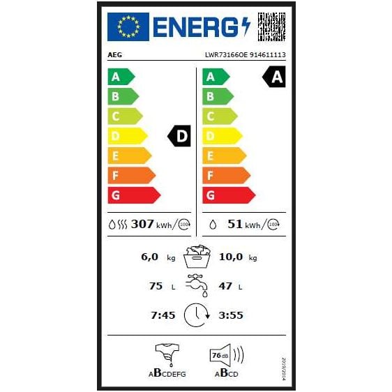 Washing machine with dryer AEG LWR73166OE, 10/6 kg, WiFi, 1600 rpm.