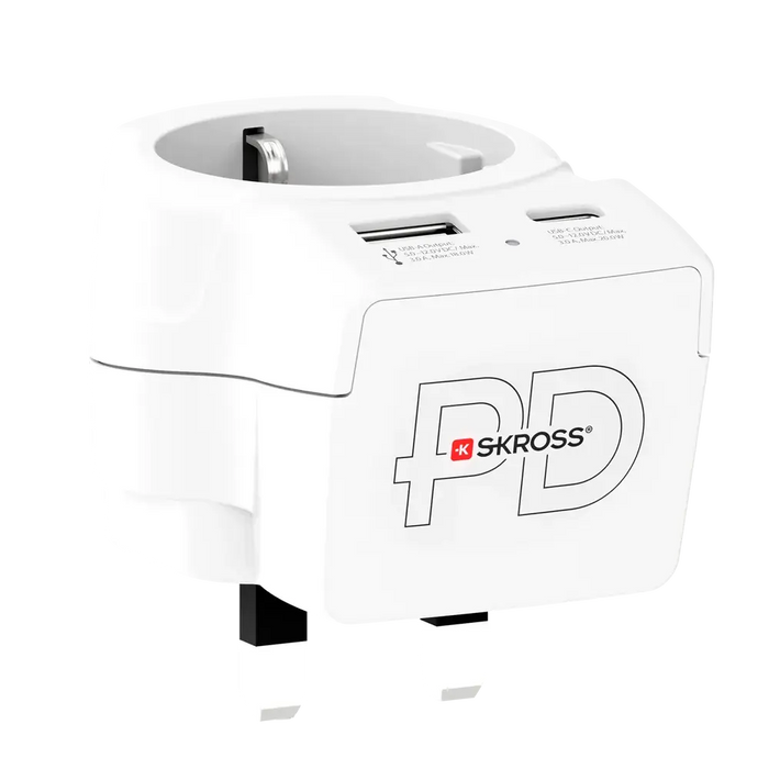 Skross universal adapter Europe to UK + 1 x USB A/C port, 20W 1500283E