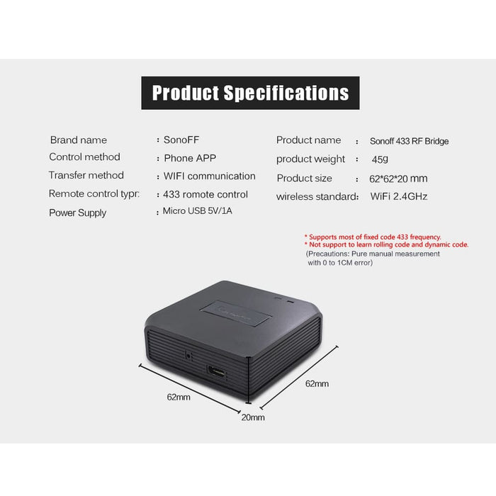 Smart RF Transmitter Sonoff Bridge of Wifi signal to 433Mhz