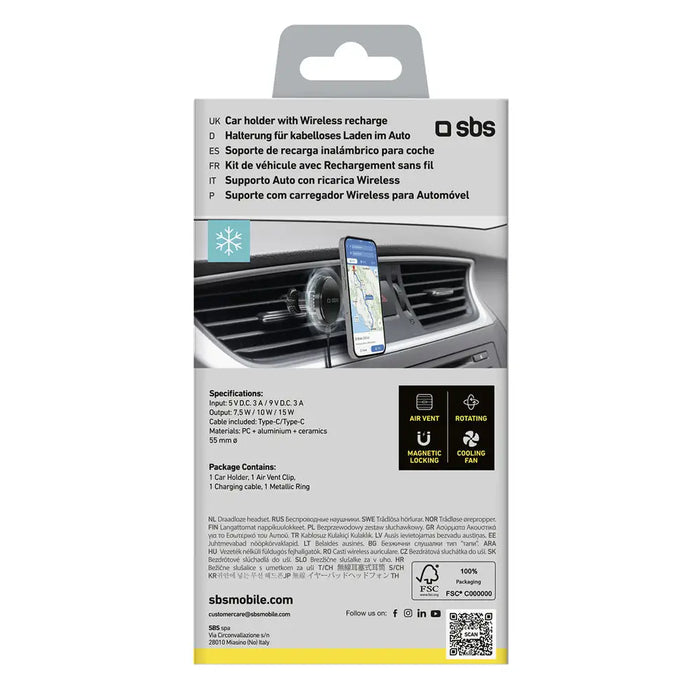 Smartphone holder with inductive charger SBS TESUPFANWIR15W 15W for air vent with cooling - black - Cell phone