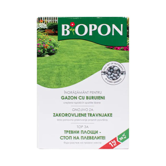 SOLID FERTILIZER FOR GRASS CARPETS AGAINST WEEDS 1KG BIOPON - Торове<<<Торове почви и тревни