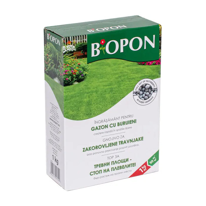 SOLID FERTILIZER FOR GRASS CARPETS AGAINST WEEDS 1KG BIOPON - Торове<<<Торове почви и тревни