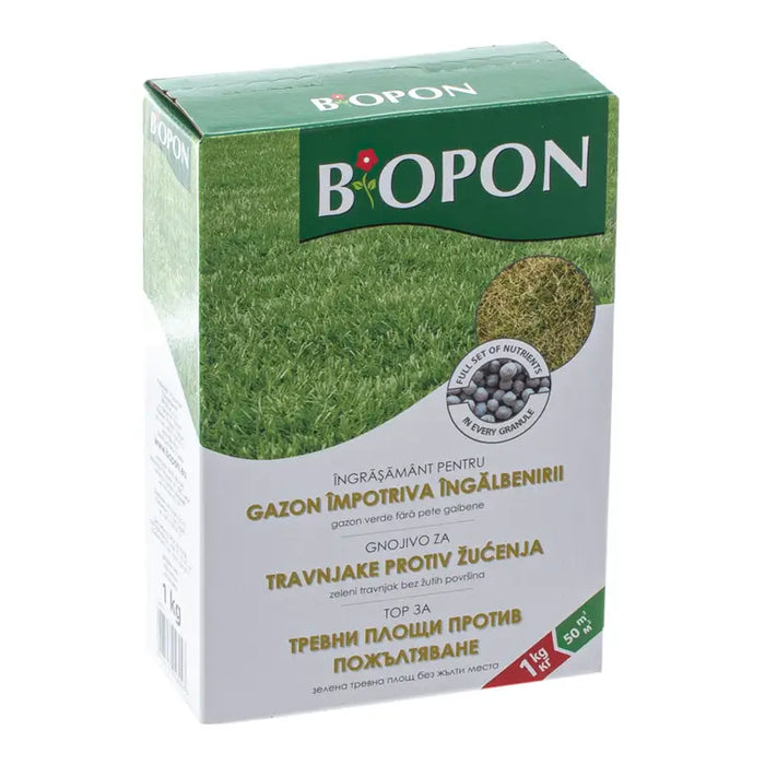 SOLID FERTILIZER FOR GRASS CARPETS AGAINST YELLOWING 1KG BIOPON - Торове<<<Торове почви и тревни