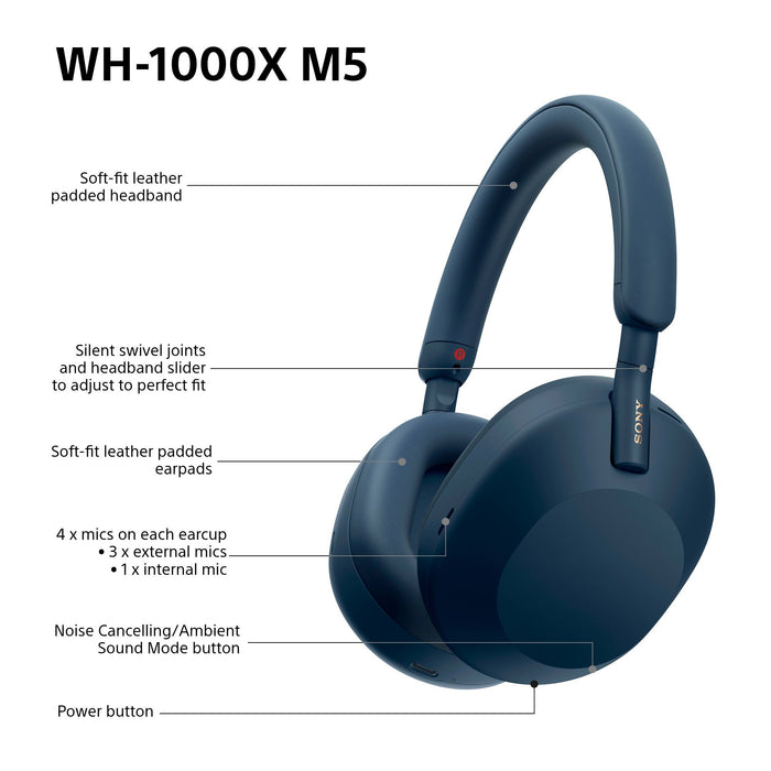 Sony WH-1000XM5 Bluetooth Wireless Over-Ear Headphones, BT 5.0, TWS, Noise Cancelling, Blue EU