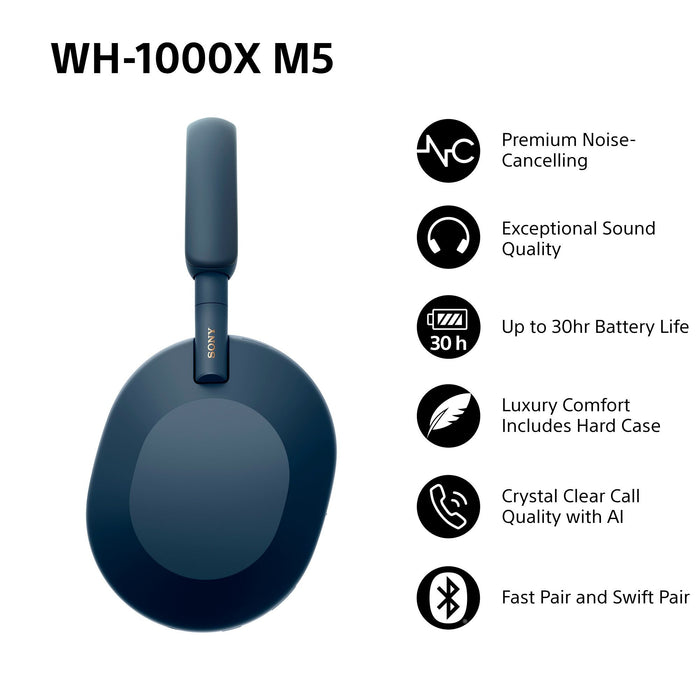 Sony WH-1000XM5 Bluetooth Wireless Over-Ear Headphones, BT 5.0, TWS, Noise Cancelling, Blue EU