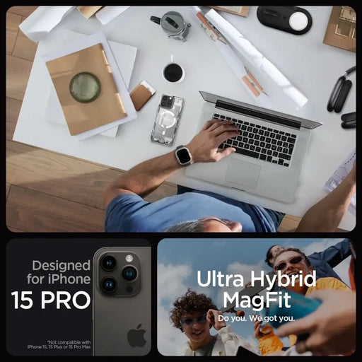 Spigen Ultra Hybrid Mag Case with MagSafe for iPhone 15 Pro - White (Zero One Pattern) - Cell phone cases
