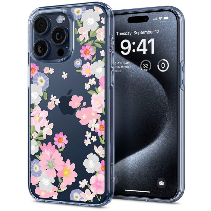 Spigen Liquid Crystal iPhone 15 Pro Case - Pink and Blue Flowers