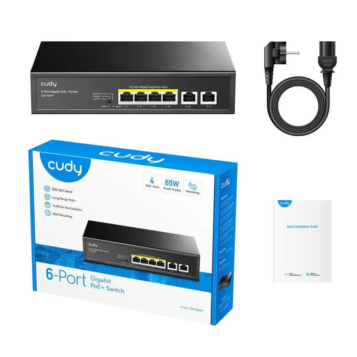 Суич Cudy GS1006P 6 x портов 10/100/1000Mbps PoE 65W - Суичове - с контрол<<<Мрежово оборудване<<<ValiAPI