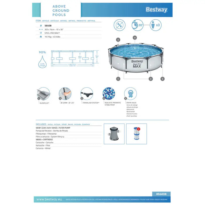 SWIMMING POOL F305X76CM BESTWAY 56408 - Басейни с рамка<<<Басейни плажни артикули и оборудване<<<Градина<<<Praktiker