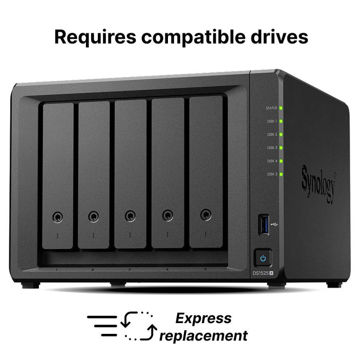 Network storage Synology NAS DS1525+, for 5 drives, AMD Ryzen V1500B, 8GB DDR4 SODIMM