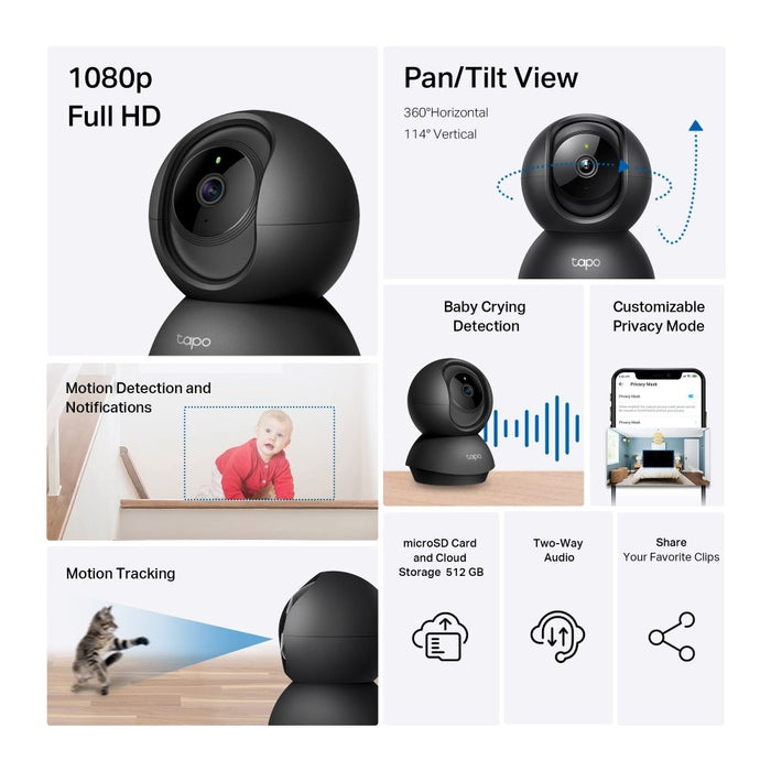 TP-Link Camera Tapo C201 Wi-Fi Indoor Pan/Tilt Security 1080p, 360 Degrees, Black EU