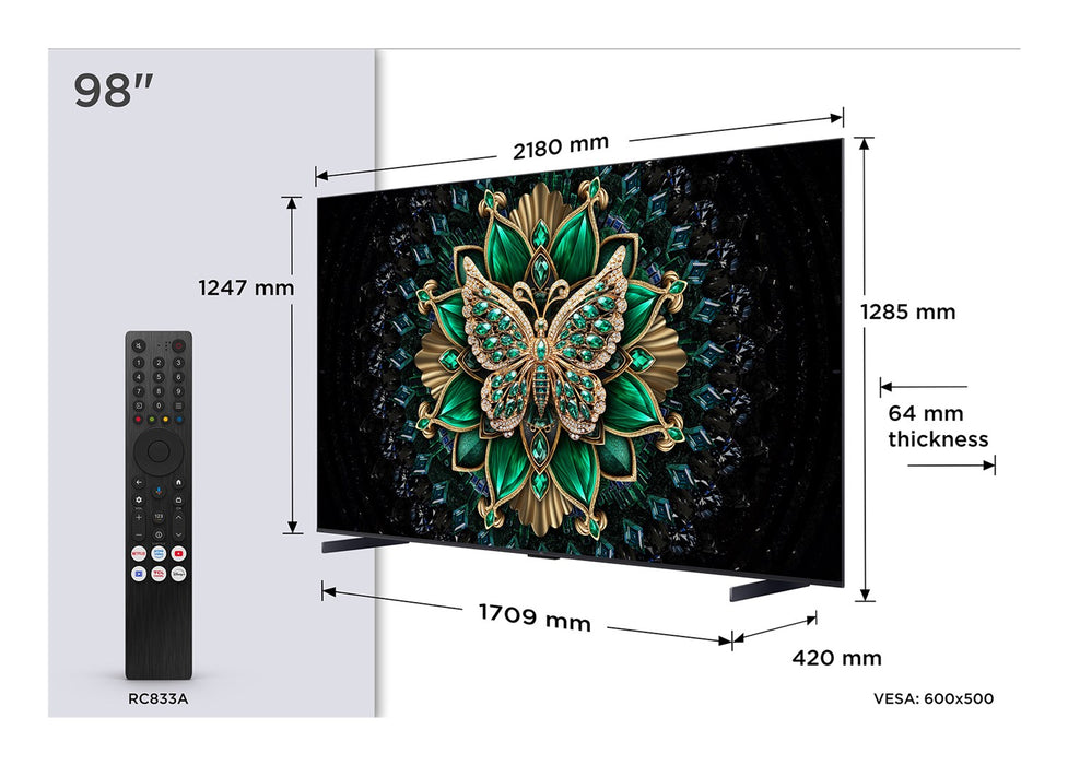 TV TCL 98C6K, 98" QD-MiniLED, 4K Ultra HD, ONKYO 2.1 Hi-Fi System