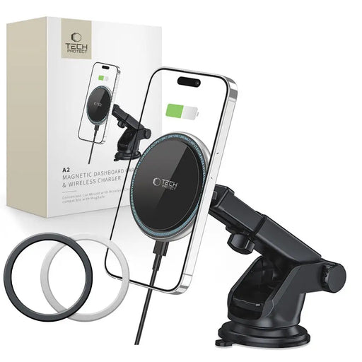 Tech-Protect A2 Car Phone Holder with MagSafe 15W Inductive Charger for Cockpit - Black - Cell phone USB