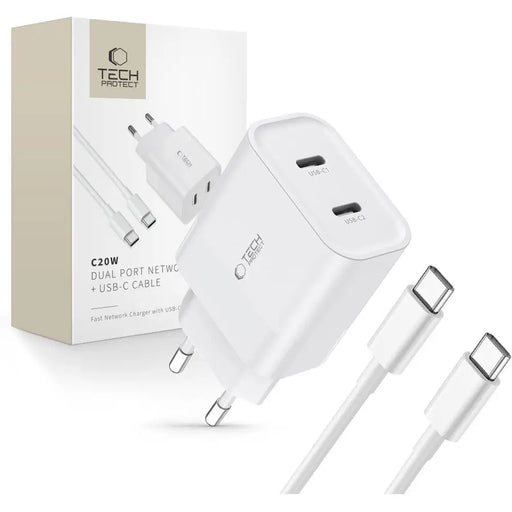 Tech-Protect C20W 2x USB-C PD 20W charger with USB-C / USB-C cable - white - Cell phone USB charger<<<HurtelXML
