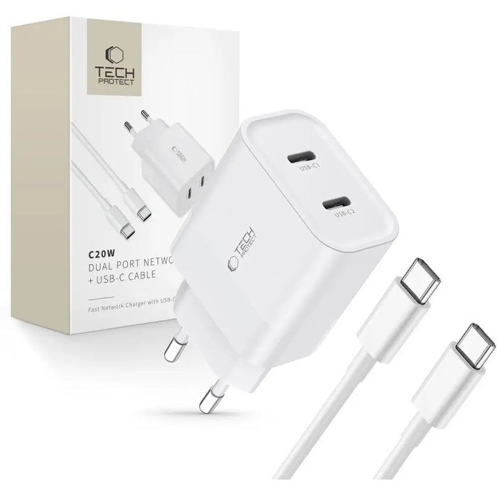 Tech-Protect C20W 2x USB-C PD 20W charger with USB-C / USB-C cable - white - Cell phone USB charger<<<HurtelXML