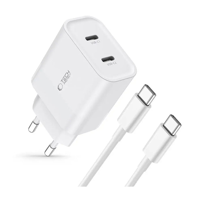 Tech-Protect C20W 2x USB-C PD 20W charger with USB-C / USB-C cable - white - Cell phone USB charger<<<HurtelXML