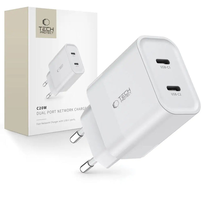 Tech-Protect C20W charger 2x USB-C PD 20W - white - Cell phone USB charger<<<HurtelXML