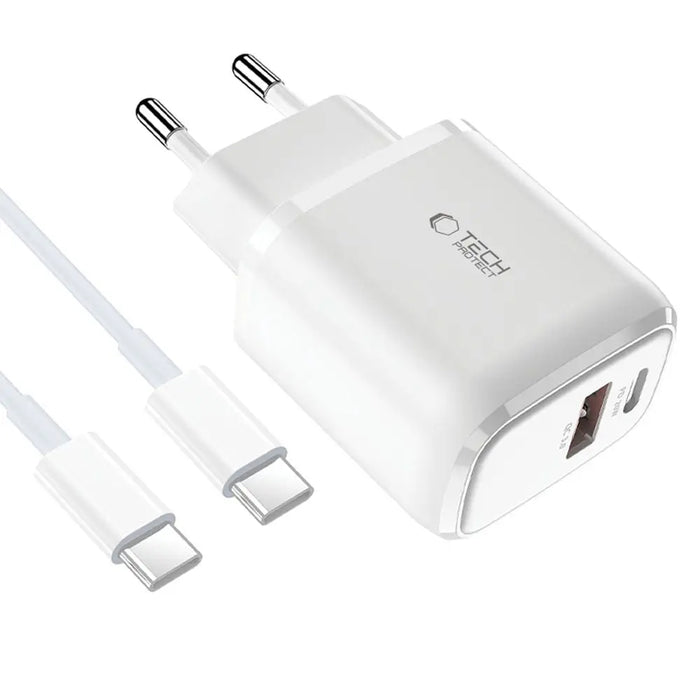 Tech-Protect C20W USB-C PD 20W / USB-A QC 3.0 charger with USB-C / USB-C cable - white - Cell phone USB
