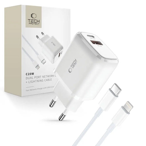 Tech-Protect C20W USB-C PD 20W / USB-A QC 3.0 Charger with USB-C / Lightning Cable - White - Cell phone USB