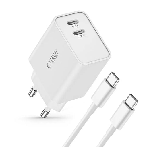 Tech-Protect C35W 2x USB-C PD 35W charger with USB-C / USB-C cable - white - Cell phone USB charger<<<HurtelXML