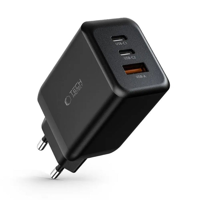 Tech-Protect C65W charger 2x USB-C PD 65W / USB-A QC 3.0 - black - Cell phone USB charger<<<HurtelXML