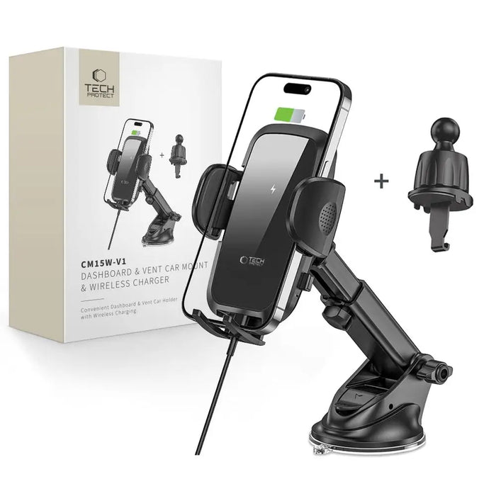 Tech-Protect CM15W-V1 Car Phone Holder with 15W Inductive Charger for Cockpit/Air Vent - Black - Cell phone USB