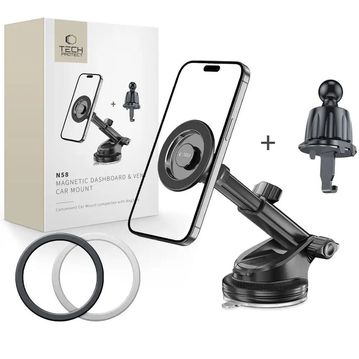 Tech-Protect N58 Magnetic MagSafe Car Holder for Cockpit Windshield or Air Vent Mount - Black - Cell phone
