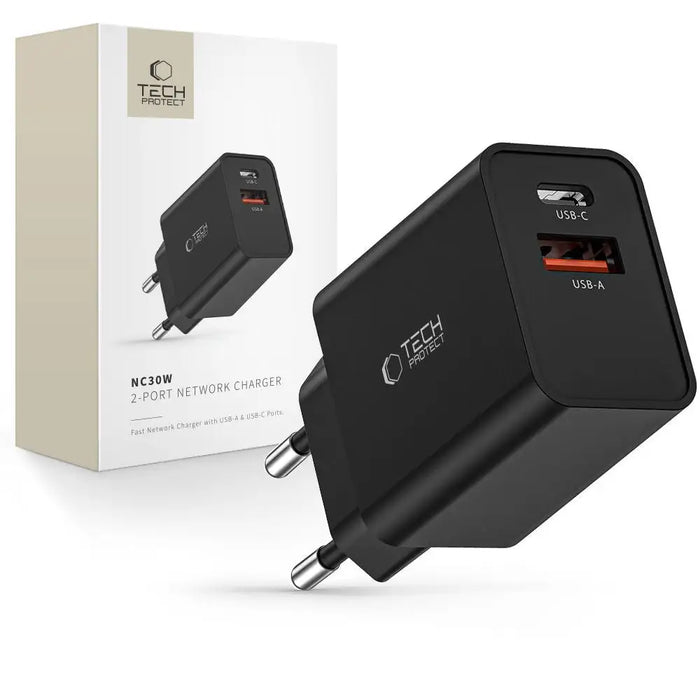 Tech-Protect NC30W Charger USB-C PD 30W / USB-A QC 3.0 - Black - Cell phone USB charger<<<HurtelXML