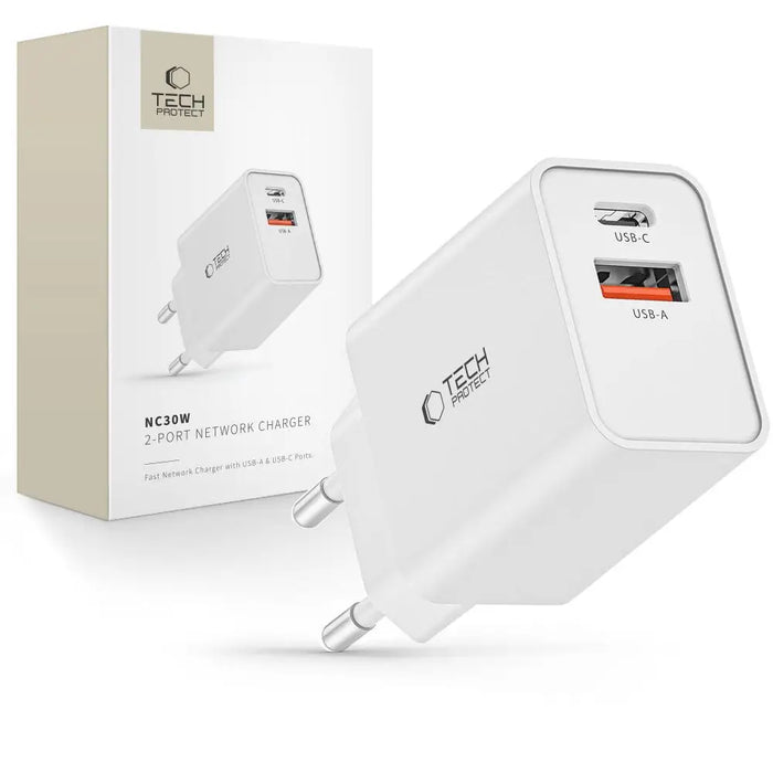 Tech-Protect NC30W USB-C PD 30W / USB-A QC 3.0 charger - white - Cell phone USB charger<<<HurtelXML