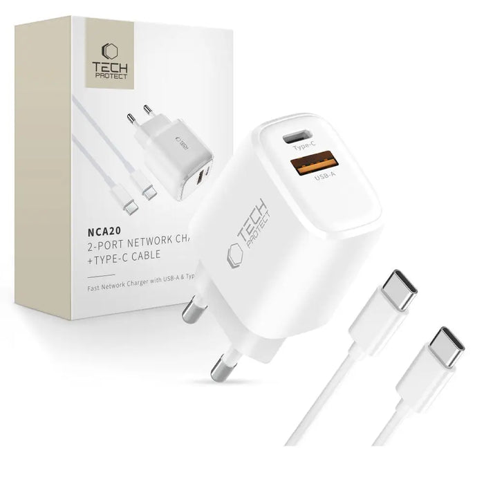 Tech-Protect NCA20 PD 20W QC3.0 USB-A / USB-C Wall Charger + USB-C / USB-C Cable 100cm - White - Cell phone USB