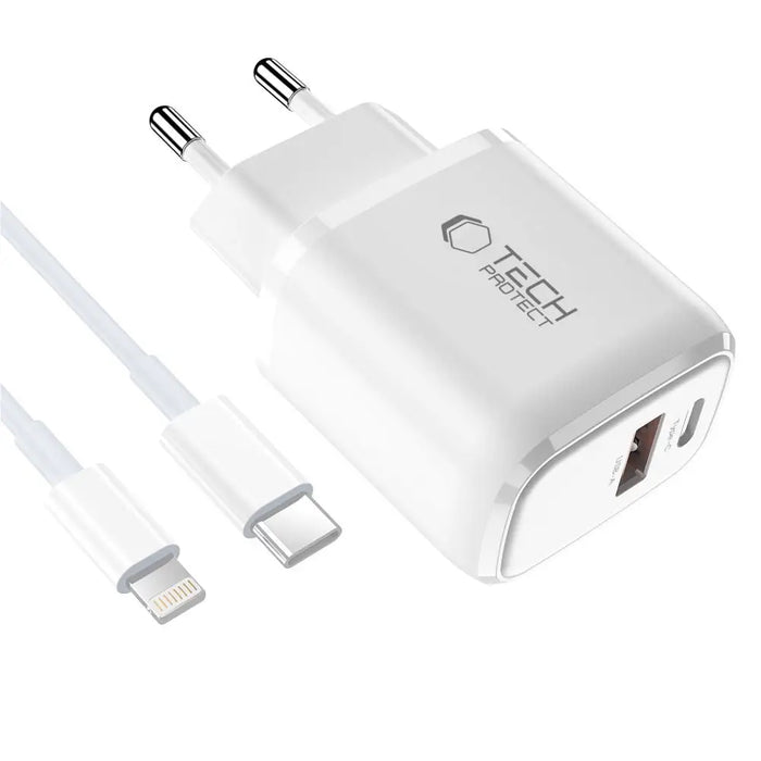 Tech-Protect NCA20 PD 20W QC3.0 USB-A / USB-C Wall Charger + USB-C / Lightning Cable 100cm - White - Cell phone USB