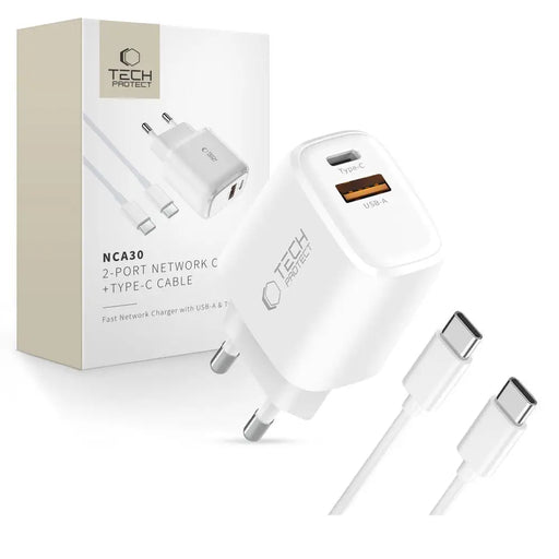 Tech-Protect NCA30 PD 30W QC3.0 USB-A / USB-C Wall Charger + USB-C / USB-C Cable 100cm - White - Cell phone USB