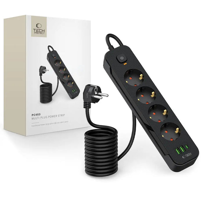 Tech-Protect PCL4X3 Power Strip 4 Sockets 240V + 2xUSB-A + 1xUSB-C 200 cm - Black - *Temporary category<<<HurtelXML