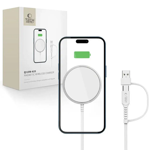 Tech-Protect QI15W-A25 MagSafe 15W Inductive Charger with USB-A / USB-C Cable - White - Cell phone USB