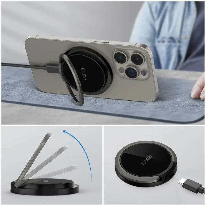 Tech-Protect QI15W-A33 Inductive Charger with MagSafe and Stand with USB-A / USB-C Cable - Black - Cell phone USB