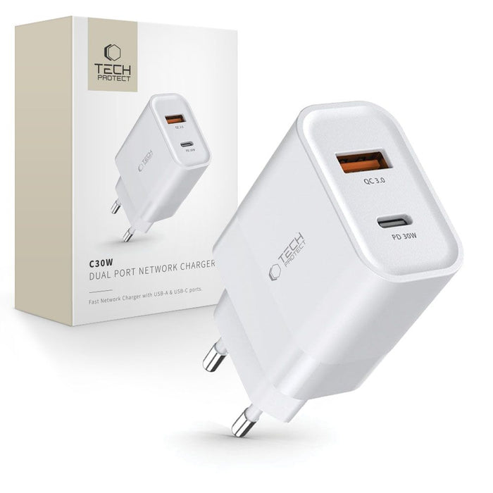 Tech-Protect C30W charger USB-C PD 30W / USB-A QC 3.0 - white