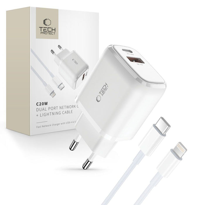 Tech-Protect C20W USB-C PD 20W / USB-A QC 3.0 Charger with USB-C / Lightning Cable - White