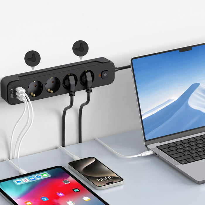 Tech-Protect PCL4X3 Power Strip 4 Sockets 240V + 2xUSB-A + 1xUSB-C 200 cm - Black