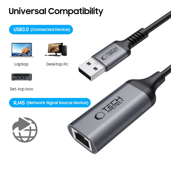 Tech-Protect UltraBoost USB-A 3.0 / Ethernet RJ45 1000Mbps Adapter - Black