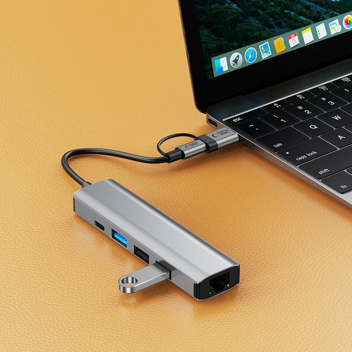 Tech-Protect HB03 HUB Adapter 5in1 USB-C + USB2.0 + USB3.0 + RJ45 - gray