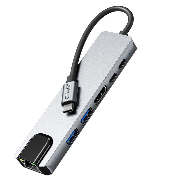 Tech-Protect HB02 HUB Adapter 6in1 USB-C + USB2.0 + USB3.0 + HDMI 4K 30Hz + RJ45 + PD100W - gray