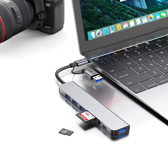 Tech-Protect HB06 HUB Adapter 8in1 TYPE-C + USB2.0 + USB3.0 + SD/TF + AV3.5 - gray