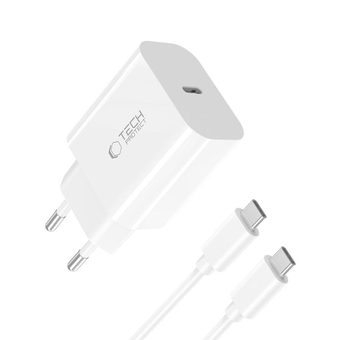 Tech-Protect NC20W PD20W USB-C wall charger with USB-C cable - white