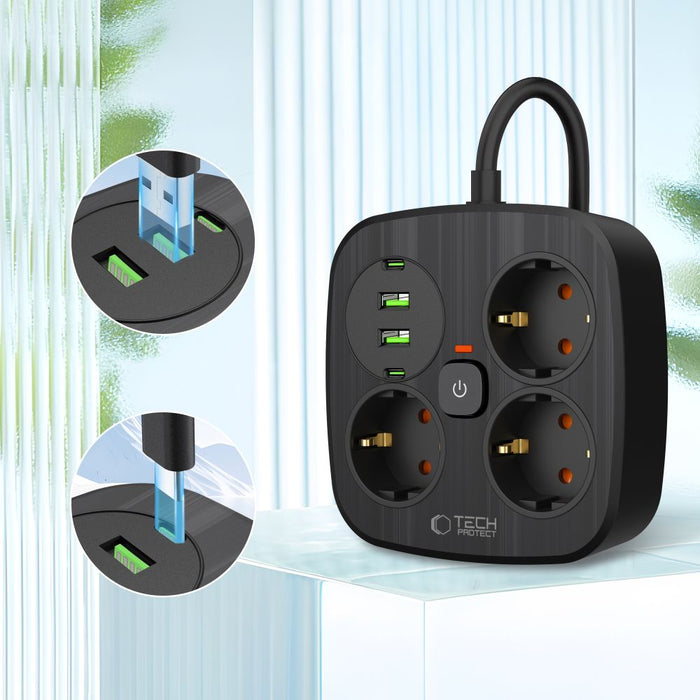 Tech-Protect PCS3X4 power strip, 3 sockets, 2xUSB-A, 2xUSB-C 200 cm - black